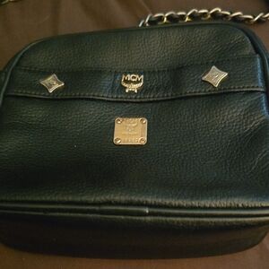 MCM Black Leather Shoulder Bag with Gold Accents